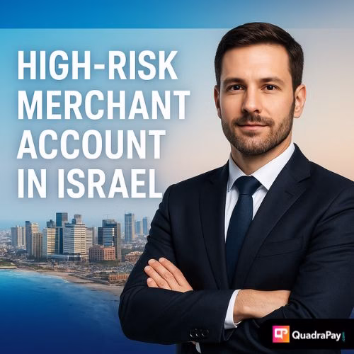 Confident Israeli businessman in a navy suit standing in front of the Tel Aviv skyline with bold text reading โHigh-Risk Merchant Account in Israelโ over a blue and white Israeli flag gradient.