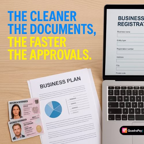 Gut organisierter Schreibtisch mit österreichischen Ausweisen, Geschäftsdokumenten und Laptop mit Anmeldeformular – Saubere Unterlagen beschleunigen die Genehmigung.