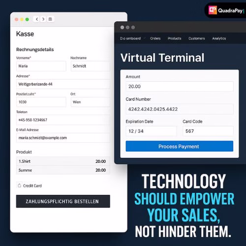 Screenshot eines österreichischen WooCommerce-Checkout-Formulars neben einem virtuellen Terminal-Dashboard mit dem Zitat: „Technologie soll Ihren Verkauf stärken, nicht behindern.“