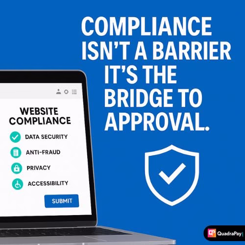 Maqueta d’interfície de lloc web mostrant icones de compliment normatiu amb marques de verificació i la cita: «El compliment no és una barrera, és el pont cap a l’aprovació.»