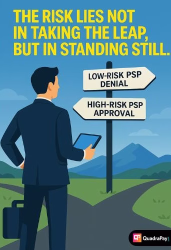 Il·lustració d’un empresari davant d’una cruïlla amb dues opcions: «Rebuig PSP de baix risc» i «Aprovació PSP d’alt risc», amb la cita: «El risc no rau en fer el salt, sinó en quedar-se quiet.»
