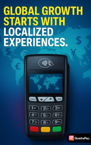 Terminal de pagament amb un mapa del món i símbols de moneda superposats, amb la cita: «El creixement global comença amb experiències localitzades.»
