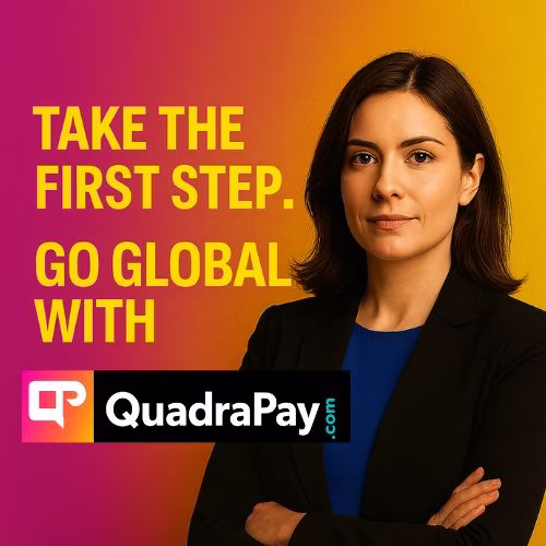 Professional woman in a business suit standing confidently against a vibrant magenta background with bold text promoting high-risk credit card processing in Sweden, featuring a clear call to action and the QuadraPay logo.