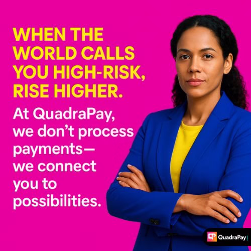 Confident female entrepreneur in a blue blazer stands against a vibrant magenta background with motivational quote promoting QuadraPay’s high-risk merchant account solutions in Sweden.