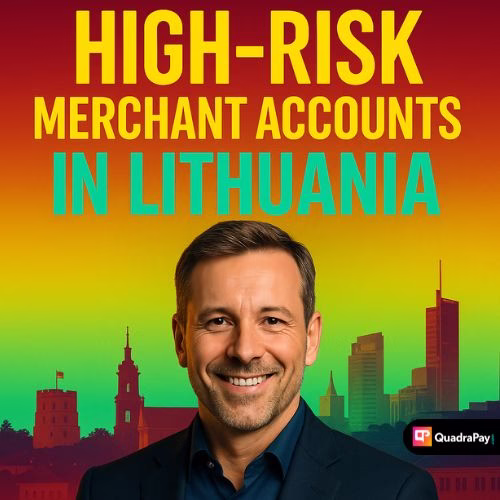 Confident Lithuanian business owner smiling with city skyline in the background, promoting high-risk merchant accounts in Lithuania by QuadraPay.