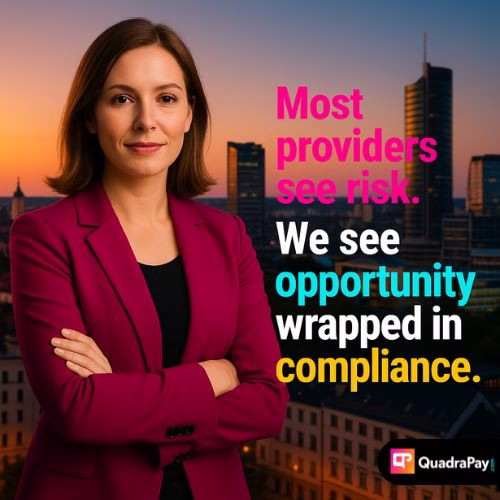 Confident Lithuanian businesswoman in a city skyline backdrop with a motivational quote: "Most providers see risk. We see opportunity wrapped in compliance" — reinforcing trust for high-risk merchant accounts in Lithuania.