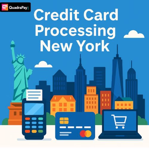 New York skyline with payment icons and credit card terminal illustration