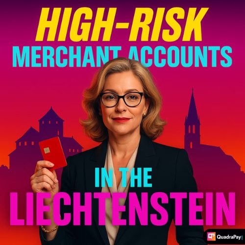 Elegant middle-aged professional woman with blonde hair and glasses holding a red credit card, promoting high-risk merchant accounts in Liechtenstein. She stands confidently in front of a vibrant gradient background with Vaduz Castle and church silhouettes, accompanied by bold multicolor text