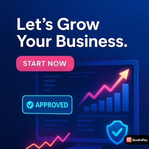 CTA visual with glowing upward graph, approval badge, and "Start Now" button to prompt merchant sign-ups.