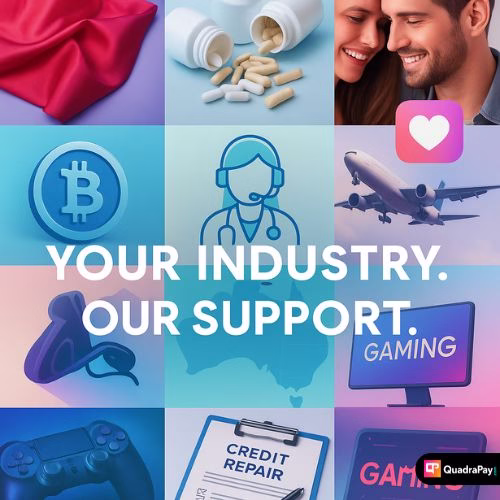 Collage showing common high-risk industries in Australia including adult, supplements, crypto, dating, and gaming.