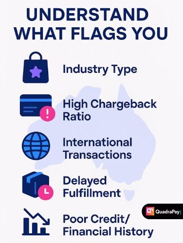 Infographic showing top five reasons a business is considered high-risk in Australia with labeled icons.