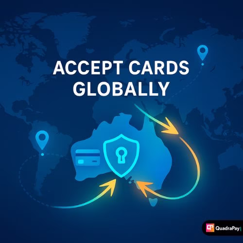 World map highlighting Australia as a secure hub for global card processing with glowing arrows.