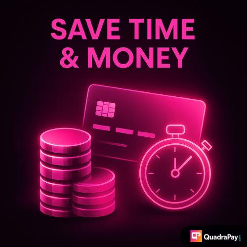 Glowing pink credit card, stopwatch, and coin stack on dark background