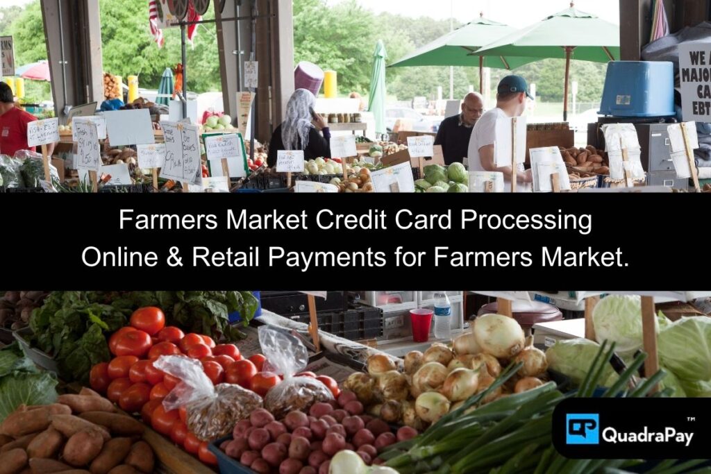 Local vendors at a vibrant farmers' market are selling fresh fruits and vegetables, now accepting payments with Farmers Market credit card processing.