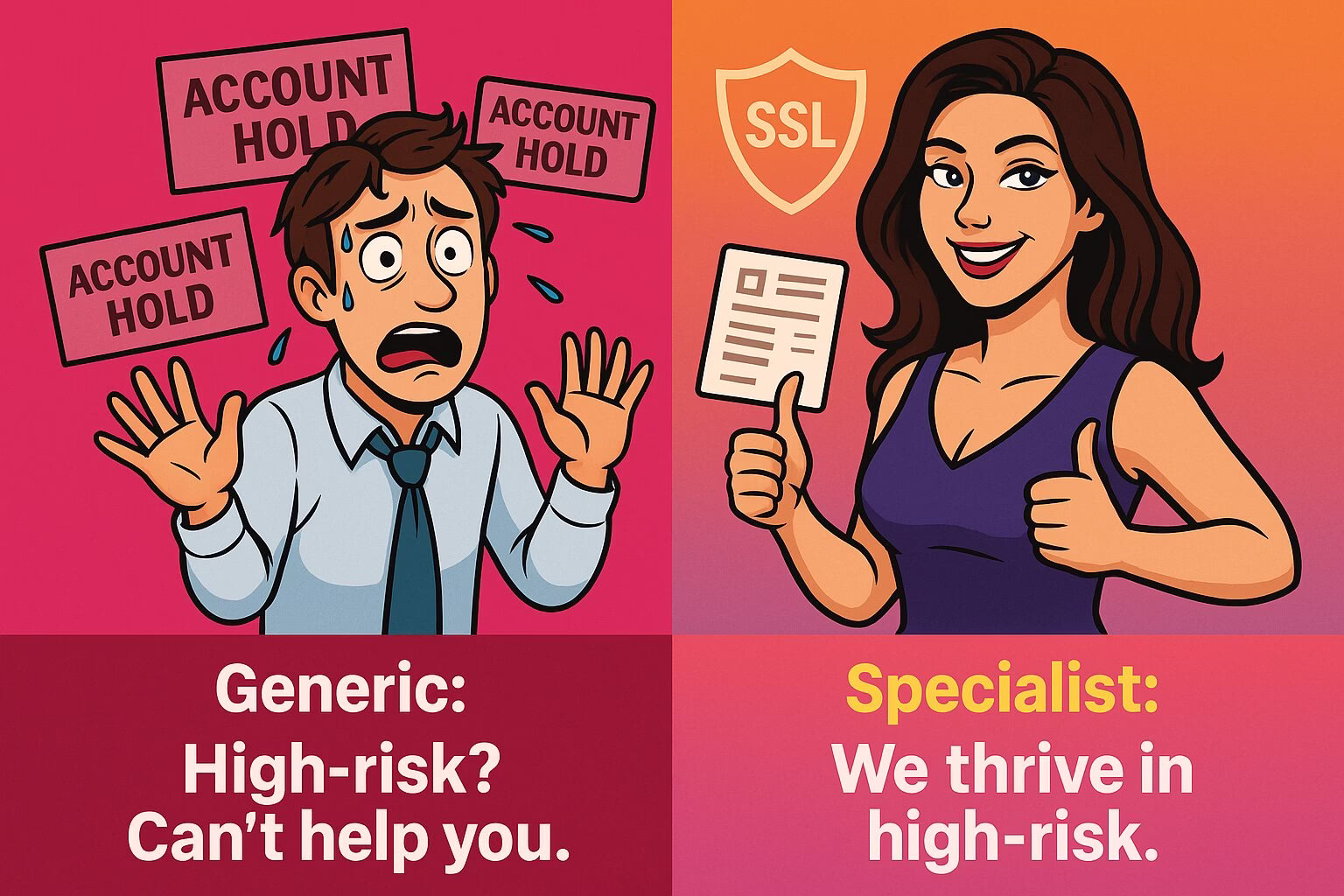 Comparison of generic processor panicking vs specialist thriving in high-risk merchant account