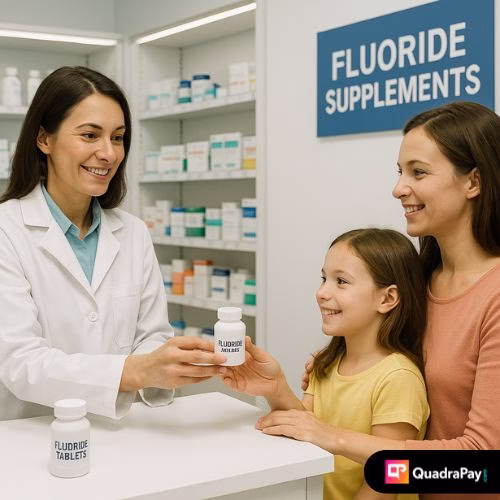 A Utah pharmacist handing fluoride tablets to a mother and child at a modern dispensary counter.