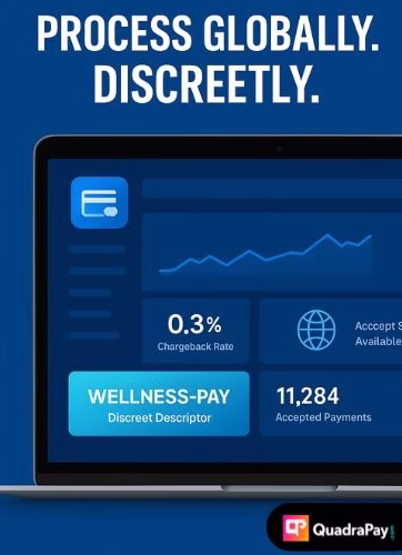 Image of a laptop dashboard showing discreet payment descriptor and chargeback rate for male enhancement merchant accounts, with a global processing headline.