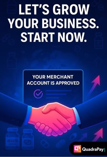 CTA graphic showing a handshake and approved merchant account screen, with supplement icons in the background, encouraging male enhancement businesses to start processing.