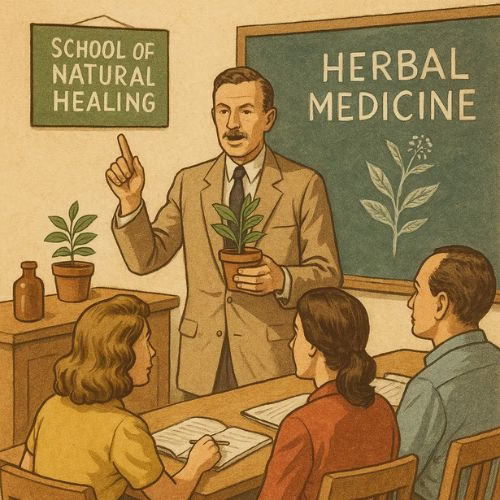 A vintage-style illustration of a herbal medicine class at the School of Natural Healing, with a teacher holding a plant and students taking notes.