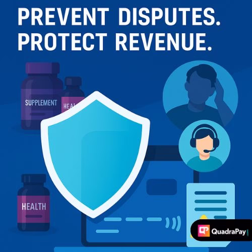 Illustration of shield protecting a credit card, surrounded by male enhancement supplement bottles and customer support icons, symbolizing fraud and chargeback prevention.