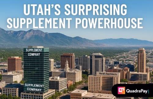 A panoramic view of Salt Lake City with visible supplement company signage and business districts.